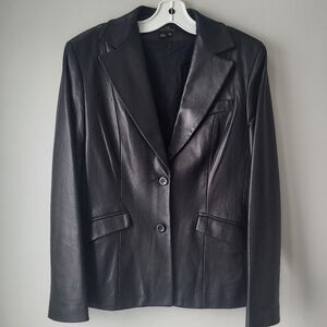 \ID Black Leather Blazer with Notch Lapels Two Button Closure